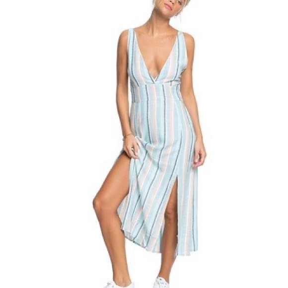(A7) Roxy Young Athena Midi Dress Multicolor Vertical Striped V-Neck, Xs, Nwt